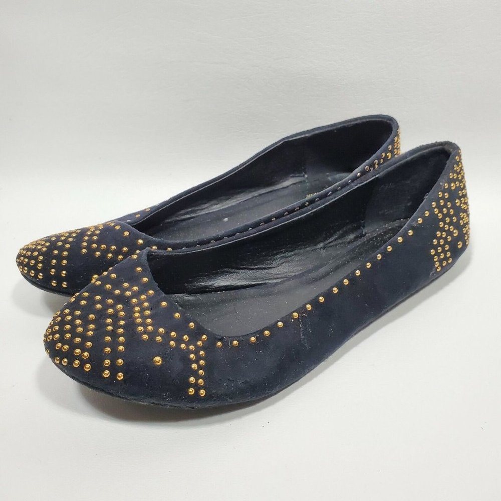 Wanted Women's Black Gold Studded Textile Slip On Flats Shoes Size 8 M Preowned